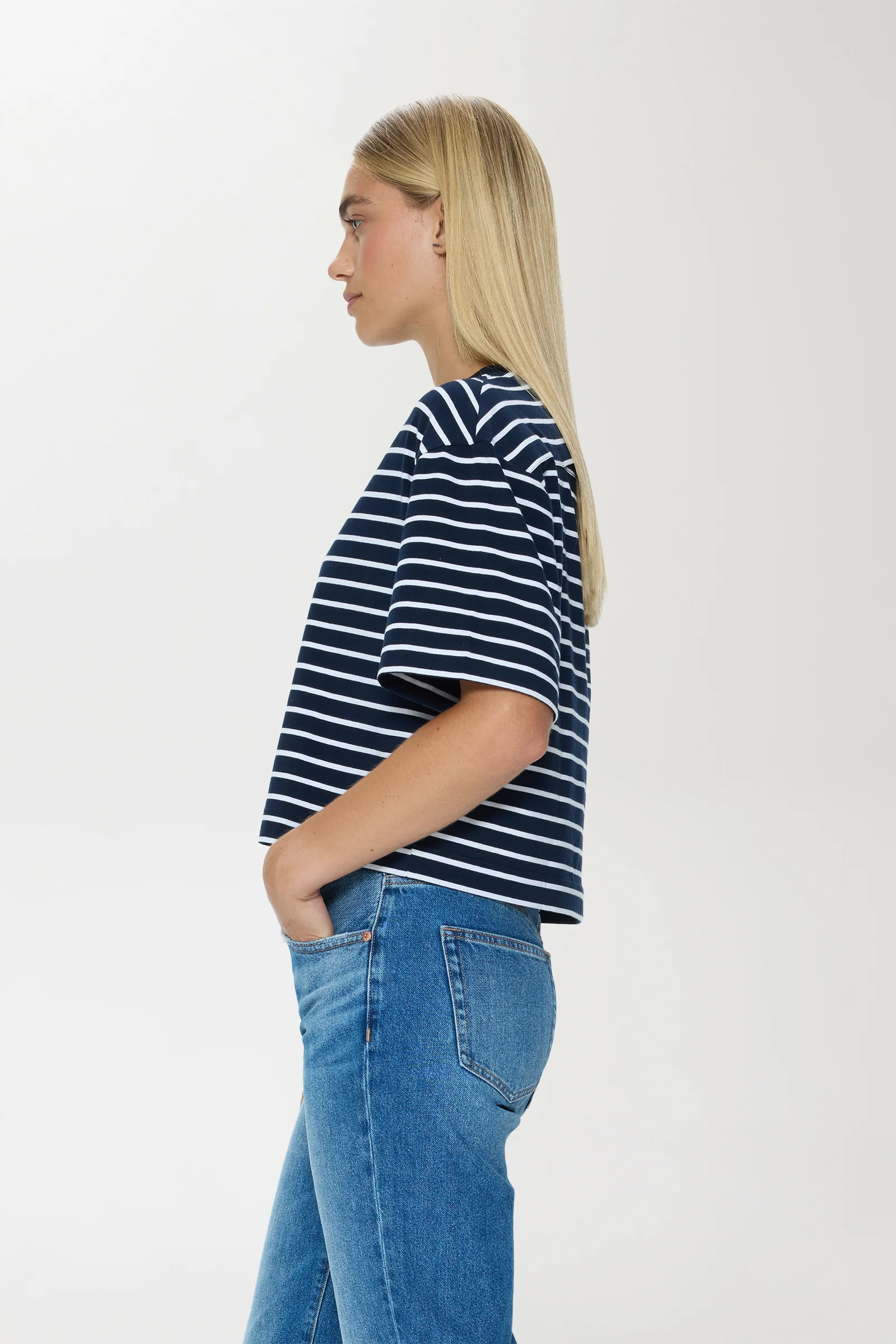 Mae Cropped Tee - Navy White Stripe - Image 3