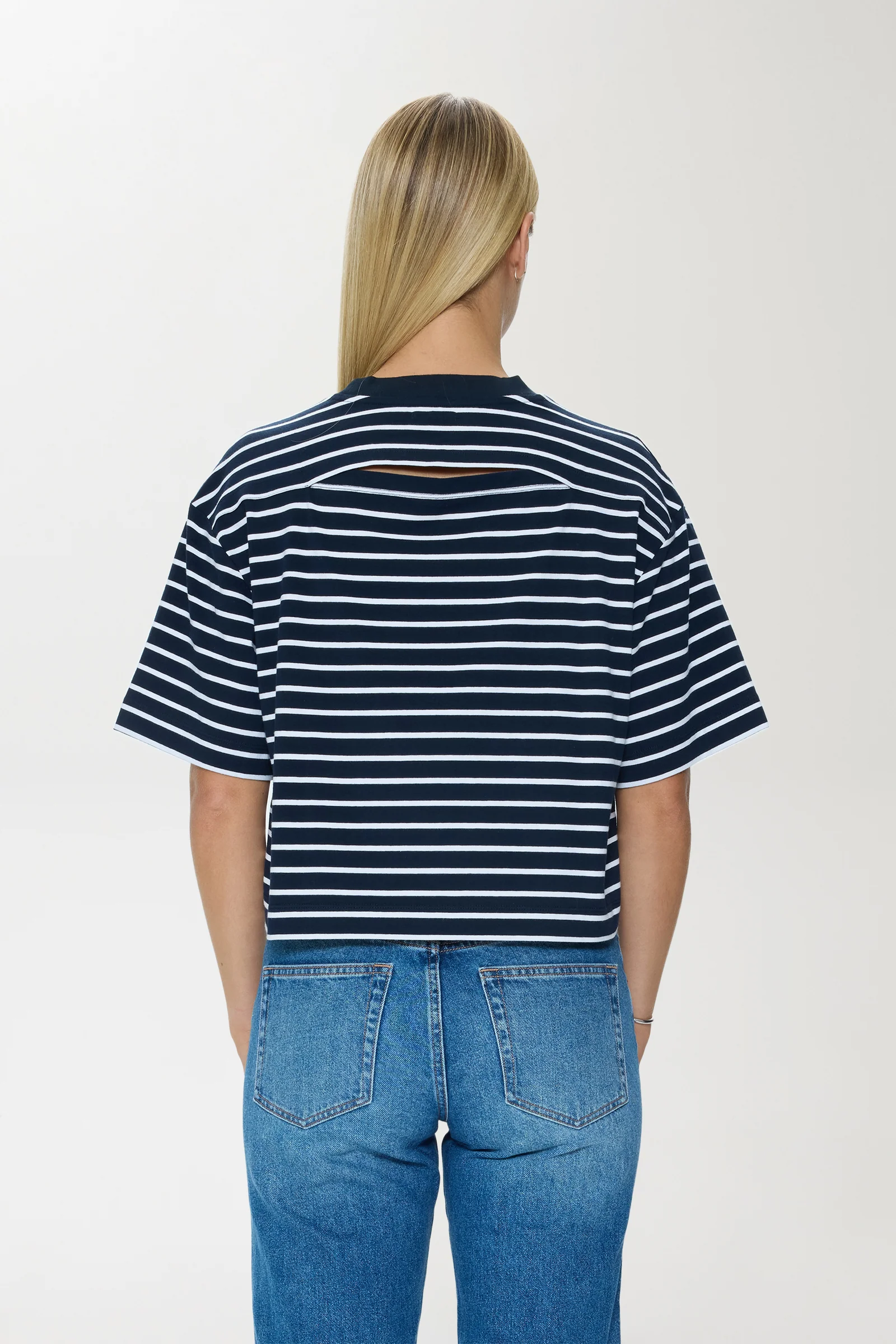 Mae Cropped Tee - Navy White Stripe - Image 4