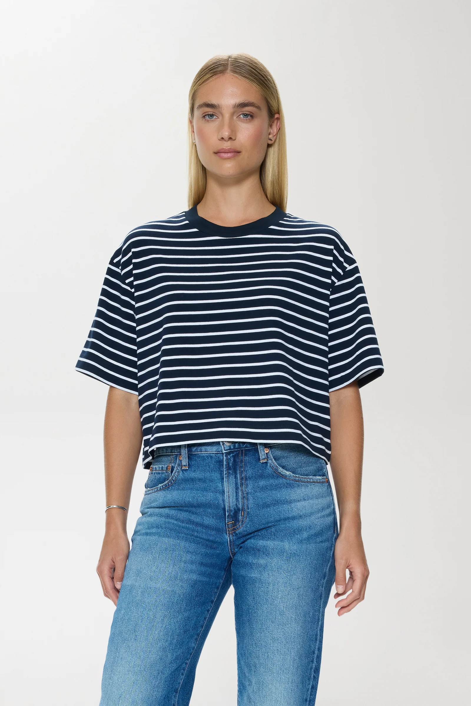 Mae Cropped Tee - Navy White Stripe - Image 5