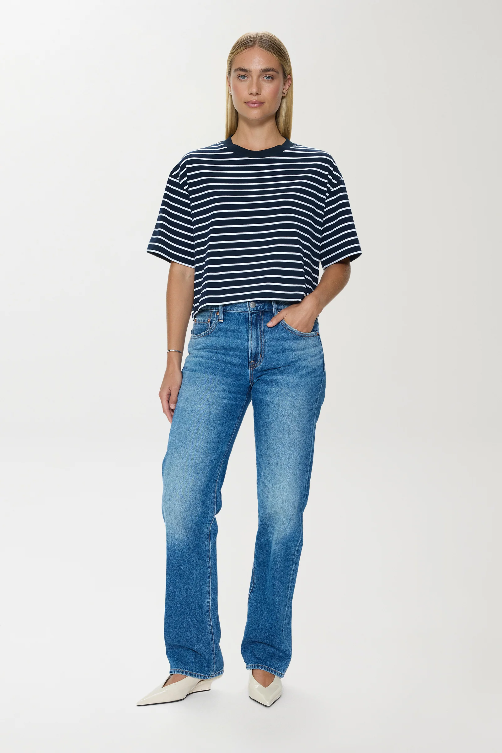 Mae Cropped Tee - Navy White Stripe - Image 6